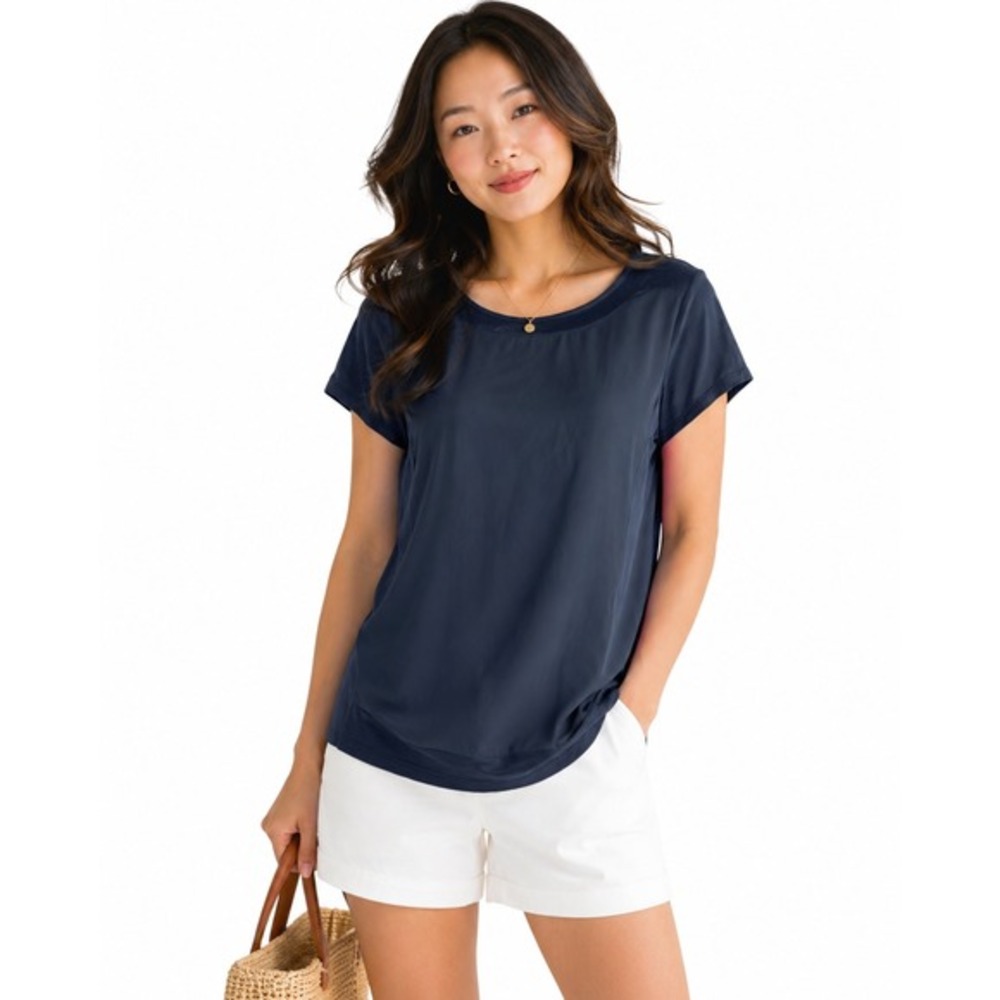 Ann Taylor XS Navy Blue Mixed Media Short Sleeve Keyhole Back Blouse Top 68-05